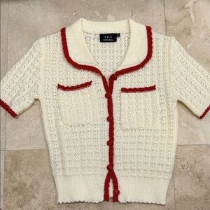 WORN ONCE!! VICI Cream Short-Sleeve Knit Cardigan with Red Trim